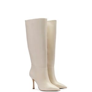 Larroude Women's Kate Pointed Toe Knee High Boot Ivory Leather Size 6